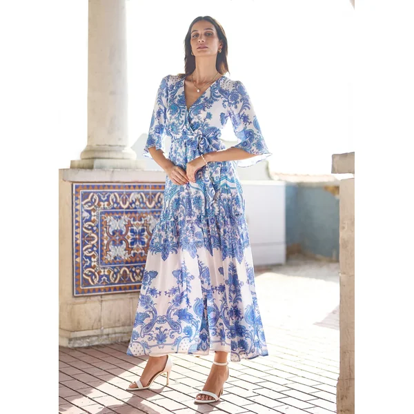 Yumi Blue Paisley Wrap Midi Dress With 3/4 Sleeves