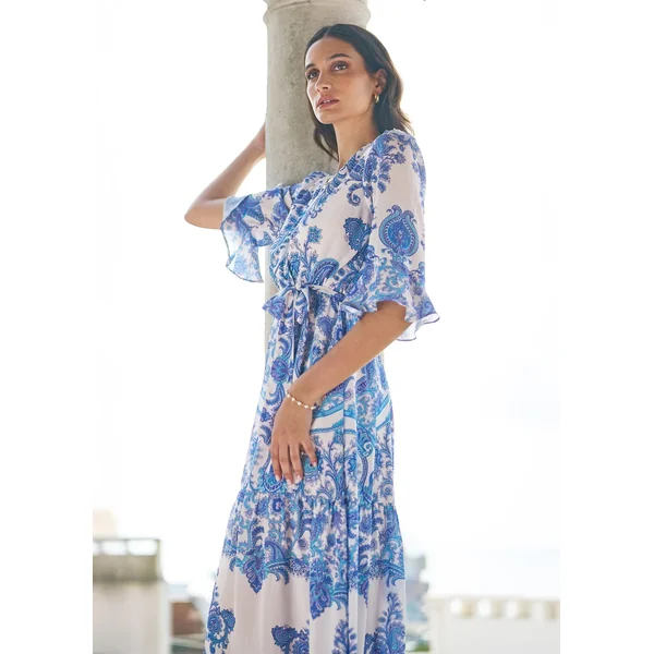 Yumi Blue Paisley Wrap Midi Dress With 3/4 Sleeves