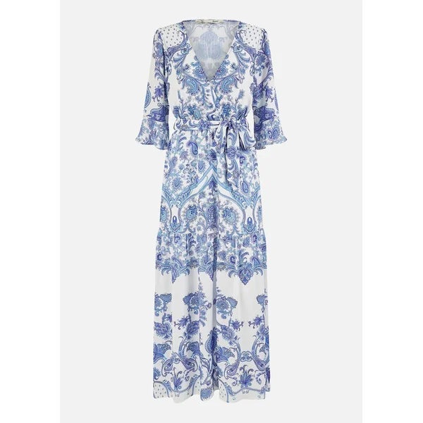 Yumi Blue Paisley Wrap Midi Dress With 3/4 Sleeves