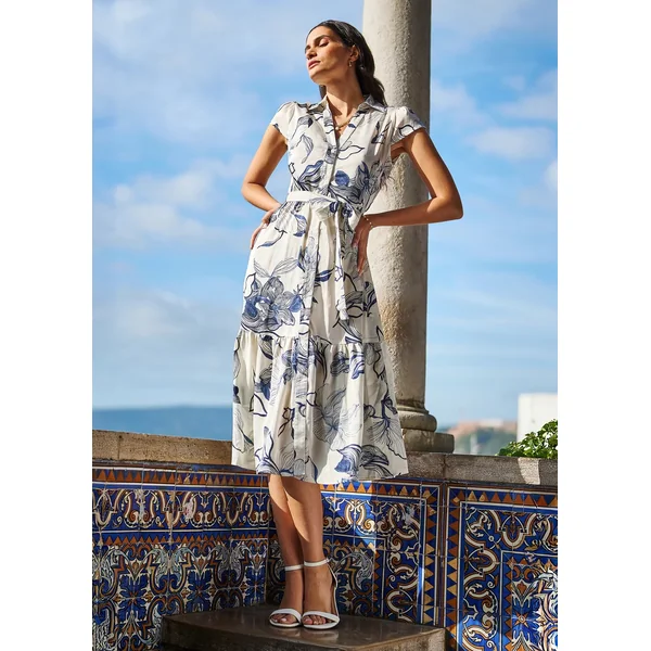 Yumi Ivory Abstract Floral Midi Shirt Dress
