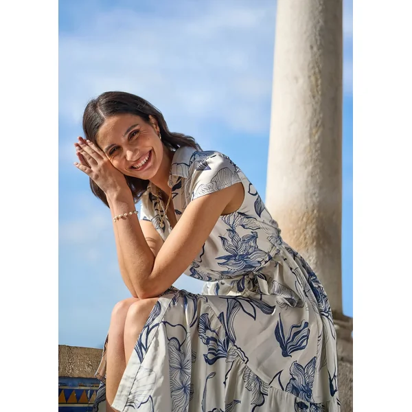 Yumi Ivory Abstract Floral Midi Shirt Dress