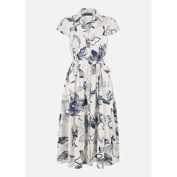 Yumi Ivory Abstract Floral Midi Shirt Dress
