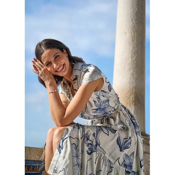 Yumi Ivory Abstract Floral Midi Shirt Dress