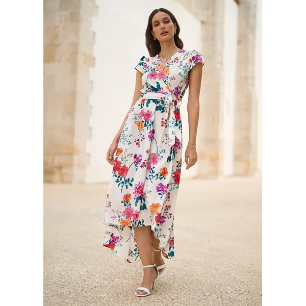 Yumi Ivory Flower Print Wrap Midi Dress
