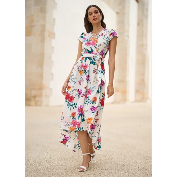 Yumi Ivory Flower Print Wrap Midi Dress