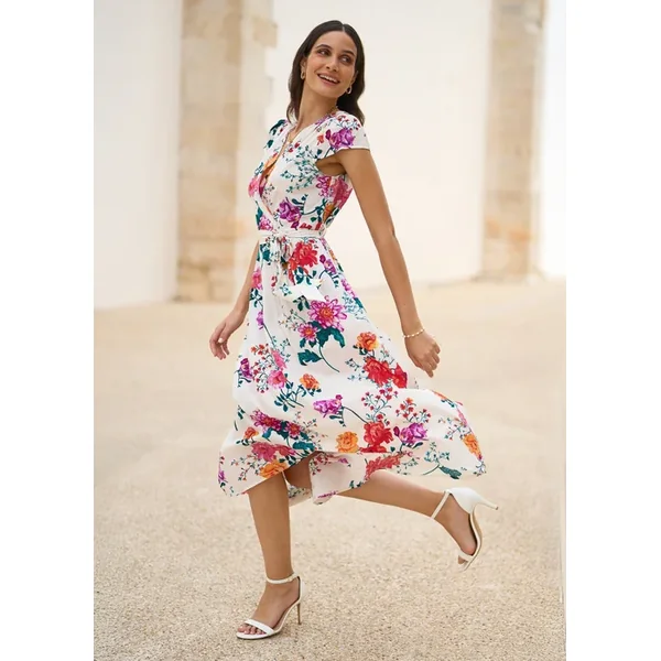 Yumi Ivory Flower Print Wrap Midi Dress