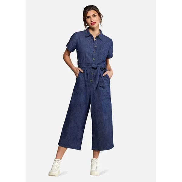 Yumi Navy Cotton Denim Jumpsuit