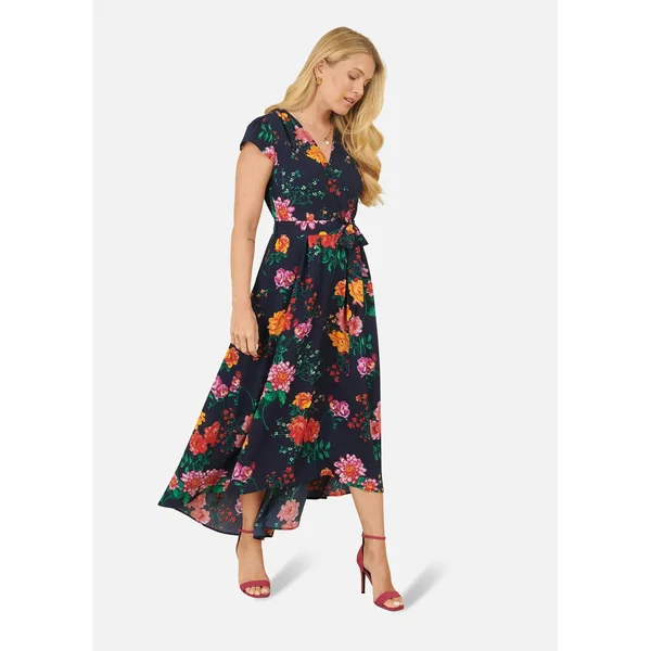 Yumi Navy Flower Print Wrap Midi Dress