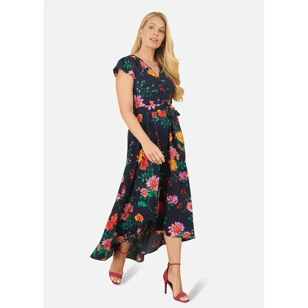 Yumi Navy Flower Print Wrap Midi Dress