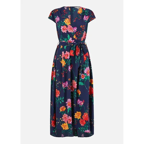 Yumi Navy Flower Print Wrap Midi Dress