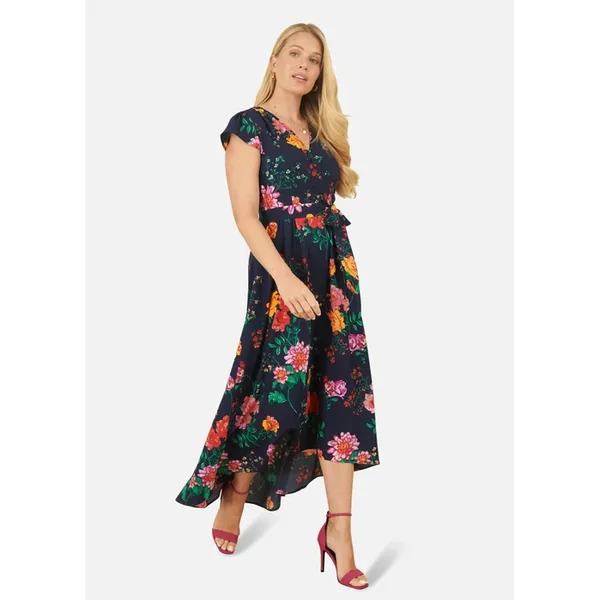 Yumi Navy Flower Print Wrap Midi Dress