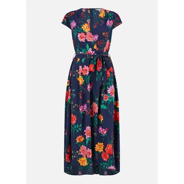 Yumi Navy Flower Print Wrap Midi Dress