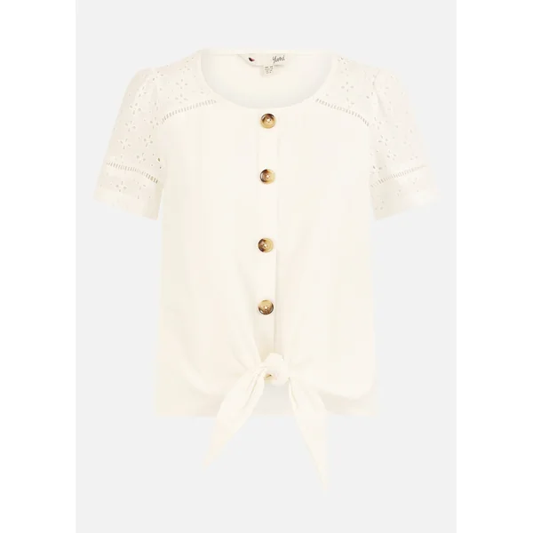 Yumi White Jersey Button Detail T Shirt With Broderie Anglaise Sleeves & Tie Front