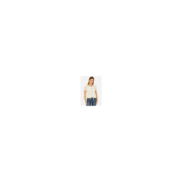 Yumi White Jersey Button Detail T Shirt With Broderie Anglaise Sleeves & Tie Front