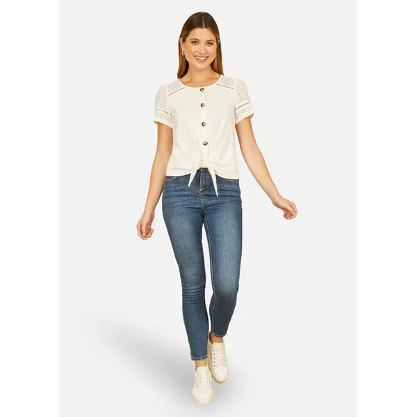 Yumi White Jersey Button Detail T Shirt With Broderie Anglaise Sleeves & Tie Front