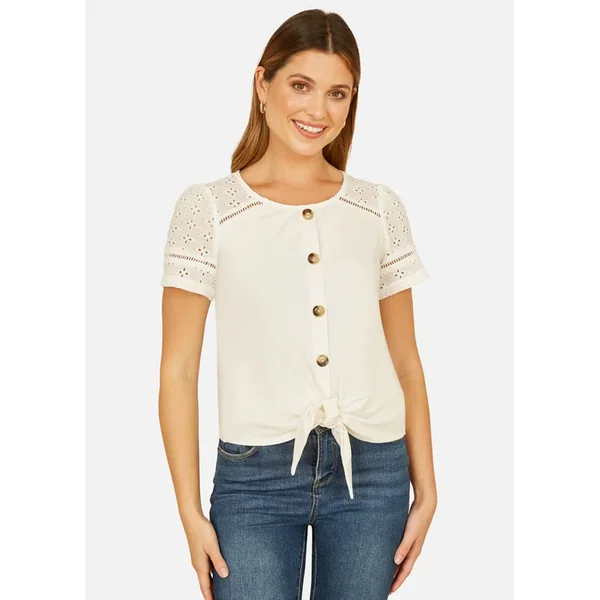 Yumi White Jersey Button Detail T Shirt With Broderie Anglaise Sleeves & Tie Front
