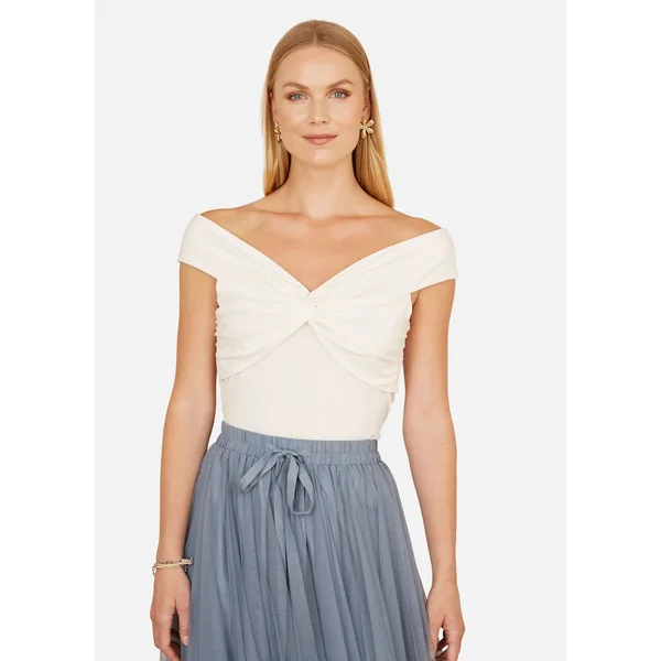 Yumi White Jersey Cotton Bardot Top With Knot Detail