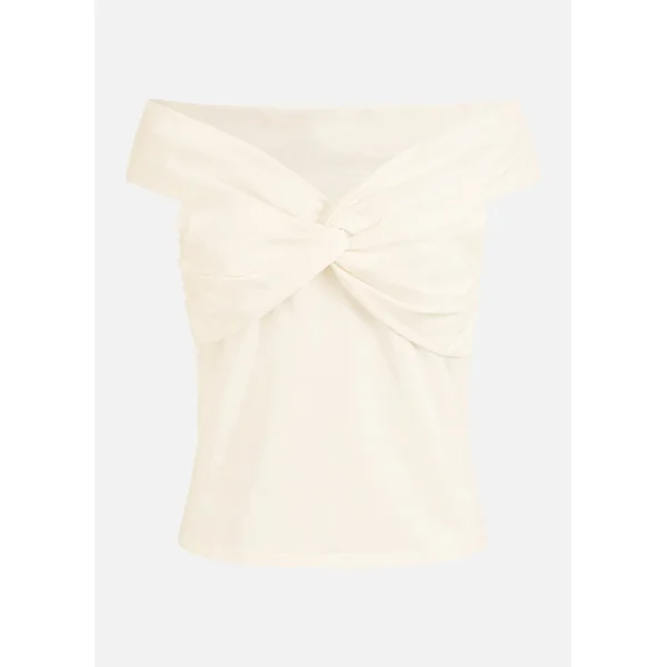 Yumi White Jersey Cotton Bardot Top With Knot Detail