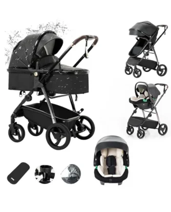 Zkiprm 3 in 1 Stroller, Waterproof Leather Travel System | One-Click Folding Baby Stroller - Rain Cover Aluminum Frame Reversible Anti-Vibration Pushchair for Newborn 0-4 Years
