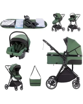 Zkiprm Baby Pram 3 in 1 with Seat, Dual-fold Mode Baby Stroller | Pram Set Travel with Adjustable-Height Push Handle, Present Rain Cover, Mosquito Net, Bag, Cooling Mat, Wristband for 0–3